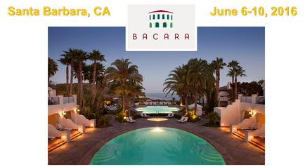 A photograph of a luxurious resort in Santa Barbara California. The resort is located on the beach and is known for its stunning views of the ocean. The image is taken from the top of a hill overlooking the ocean and the surrounding palm trees. In the center of the image there is a large swimming pool with crystal clear blue water. The pool is surrounded by lounge chairs and umbrellas providing a perfect spot to relax and enjoy the view. On either side of the pool there are white buildings with balconies and balconies creating a warm and inviting atmosphere. The sky is a beautiful blue and the sun is setting casting a warm glow over the scene. The text on the image reads "Santa Barbara CA June 6-10 2016".