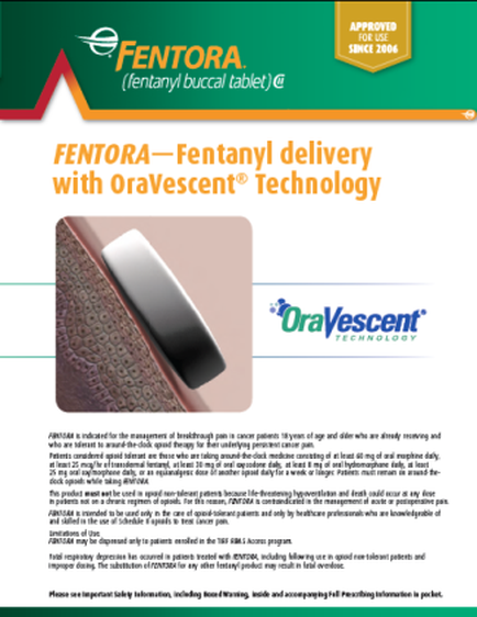 An advertisement for mentor-Fentanyl delivery with opalescent Technology. The advertisement is promoting the product which is a medical device used to provide support and comfort to patients with osteoporosis. The image shows the product on the left side of the image with a close-up of the device's surface. The device is black and white in color and appears to be made of a soft flexible material. On the right side there is text that explains the product's features and benefits. The text also mentions that the product is approved for use since 2006. The background of the advertisement is white and the text is in black.