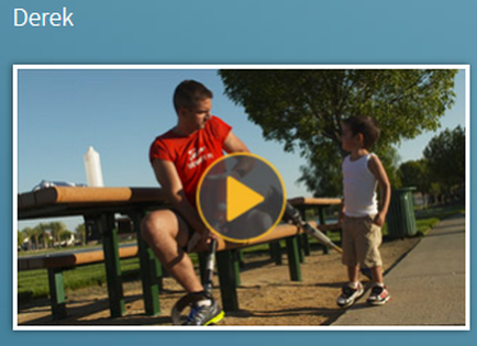 A young man and a young boy in a park. The man is sitting on a wooden bench and the boy is standing next to him. They are both wearing casual clothes and appear to be engaged in a conversation. The background shows a park with trees and a blue sky. In the center of the image there is a yellow play button with the word "Derek" written on it.