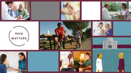A collage of nine different images that represent different aspects of pain matters. The first image on the top left shows a group of elderly people sitting around a table engaged in a conversation. The second image shows a man holding hands with a woman the third image shows two elderly people holding hands and the fourth image shows three elderly people talking to each other. The fifth image in the center shows a young man sitting on a bench in a park with a young woman standing next to him. The sixth image shows an older man sitting at a table with a laptop and a cup of coffee. The seventh image is of a doctor talking to a patient the eighth image is from a doctor's office the ninth image is in a hospital room the tenth image is for a patient sitting in a chair the eleventh image is to a doctor with a stethoscope around his neck the twelfth image is on the right side of the collage the thirteenth image is at the bottom right corner the last one is a cartoon character of a man in a white lab coat the final one is of an elderly man with a yellow lab coat and a blue shirt and all the images are arranged in a grid-like pattern.