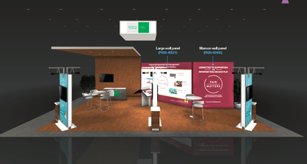 A 3D rendering of a trade show booth. The booth has a wooden floor and a white wall with a large window on the left side. On the right side of the booth there is a large banner with a pink background and white text. Below the banner there are two smaller banners with blue and pink text. The booth also has a desk with a computer monitor and a few chairs in front of it. There is also a small plant in the corner of the room. At the top of the image there appears to be a large screen with a green and white logo on it. The text on the screen reads "Large wall panel" and "Maroon wall panel". Below the screen it reads "Paint colors". Overall the booth is modern and professional with a clean and organized design.