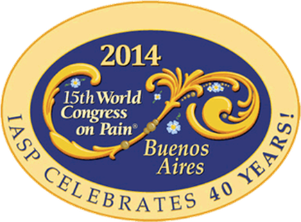 A circular logo with a blue background and a gold border. In the center of the logo there is a text that reads "2014 15th World Congress on Pain bueno tires gasp Celebrates 40 Years!" The text is written in white and is surrounded by an ornate design in gold. The design appears to be a banner or emblem for the event.