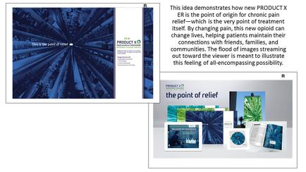 A collage of three different images. On the left side there is a blue and white abstract background with a circular pattern of lines and dots. The lines are arranged in a radial pattern creating a sense of depth and dimension. The image is accompanied by text that reads "This idea demonstrates how new PRODUCT X ER is the point of origin for chronic pain relief - which is the very point of treatment itself. By changing pain this new opioid can change lives helping patients maintain their connections with friends families and communities. The flood of images streaming out toward the viewer is meant to illustrate this feeling of all-encompassing possibility." On the right side of the image there are three smaller images - one of a tablet one of an iPad and one of three books. The tablet is displaying a presentation slide with a blue background and white text. The books are open and appear to be related to the topic of the presentation slide.