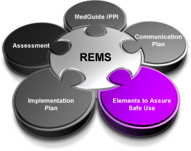 A data visualization in the form of a puzzle. The central piece which connects to every other piece is "REMS" (that is Risk Evaluation and Mitigation Strategies). The other pieces are  "MedGuide / PPI" "Communication Plan" "Elements to Assure Safe Use" "Implementation Plan" and "Assessment" (going clockwise from the top). Those pieces of contiguous to each other but do not connect with any other puzzle pieces. The background is white with puzzle pieces in gray silver and purple with text in white and black.