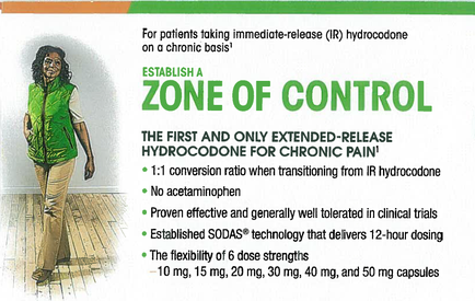 An advertisement for a product called "Zone of Control". It features a woman wearing a green vest and walking on a wooden floor. The text on the image reads "For patients taking immediate-release (IR) hydrocodone on a chronic basis" and "Establish a zone of control". Below the text there is a description of the product which states that it is the first and only extended-release Hydrocodone for chronic pain. The text also mentions that the product is 1:1 conversion ratio when transitioning from IR hydrocodones to no acetaminophen. The product is proven effective and generally well-tolerated in clinical trials. It also mentions the flexibility of 6 dose strengths 10 mg 15 mg 20 mg 30 mg 40 mg and 50 mg capsules. At the bottom of the image there are additional details about the product.