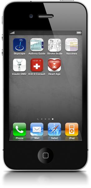 Of a black iPhone with a home screen. The home screen is divided into three sections. The top section has a blue background with white text that reads "Skyscape Asthma Guide Stroke Scale Vaccines". Below the text there are several app icons arranged in a grid-like pattern. On the left side of the screen there is a blue icon of a person with their arms outstretched representing the ape's user interface. On the right side it has a red heart icon representing a heart attack. Below that it reads "Insulin DM2 ICD-9 Consult Heart Age". At the bottom of the home screen it displays various app icons such as a phone mail Safari and iPod. The app icons are arranged in three rows and three columns. The phone icon is in the top left corner the mail icon is on the bottom right corner and the iPod icon is at the bottom center. Overall the image appears to be a screenshot of a medical app on an iPhone.