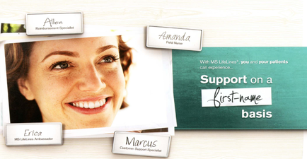 A digital advertisement for a company called "Support on a First-name basis". On the left side of the image there is a photo of a woman's face with a big smile on her face. She is wearing a white blouse and her hair is styled in loose curls. On the right side there are three nameplates with the company's name and contact information. The nameplates are arranged in a triangular formation. The background is a light green color with a white border. The text on the image reads "With MS Lifelines you and your patients can experience. Support on a first-name-basis."