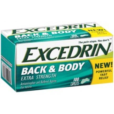 Of a box of Excedrin Back & Body Extra Strength Capsules. The box is rectangular in shape and has a green and yellow color scheme. The front of the box has the brand name "Excedrin" written in bold white letters at the top followed by the product name "Back & Body" in smaller white letters. Below that there is a description of the product which states that it is "extra strength" and "100 capsules". The box also mentions that the product is "powerful fast relief". There is also a arcade on the left side of the label.