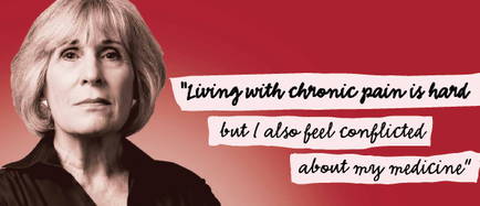 A black and white portrait of a middle-aged woman with short blonde hair. She is looking off to the side with a serious expression on her face. The background is a solid red color. On the right side of the image there is a quote written in white text that reads "Living with chronic pain is hard but I also feel conflicted about my medicine."