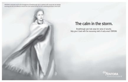 A black and white illustration of a woman wrapped in a blanket. The woman is standing in the center of the image with her arms stretched out to the sides and her head tilted slightly to the side. She appears to be in a peaceful and serene pose. The background is blurred but it seems to be a cloudy sky. The image is accompanied by text that reads "The calm in the storm. Breakthrough pain took away her sense of security. Help give it back with the reassuring relief of early onset mentor." The text is written in a bold sans-serif font and is centered on the image.