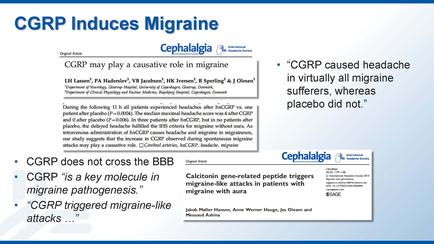 A slide from a presentation on carp (Cephalalgia) which is a type of migraine disorder. The slide has a blue background and white text. The title of the slide reads "carp Induces Migraine" and below it there is a subtitle that reads "CGGRP may play a causative role in migraine". The slide also mentions that the carp is a key molecule in migraine pathogenesis which is triggered migraine-like attacks. The text also mentions "Calcium gene-related peptide triggers migraine attacks in patients with migraine with aura". There are two bullet points on the slide one on the left side of the image and the other on the right side. The first bullet point explains that CGGRP does not cross the BBB while the second bullet point discusses the causes of migraine headaches in virtually all migraine sufferers whereas placebo did not. At the bottom right corner there are two smaller bullet points that explain the causes and symptoms of the condition.