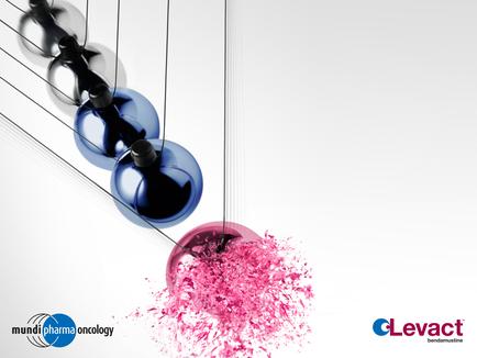 Three blue spheres hanging from strings on a white background. The spheres are connected by thin black wires creating a sense of movement and energy. In the center of the image there is a pink sphere that appears to be floating in the air. The sphere on the left is slightly larger than the one on the right and it is slightly smaller than the sphere in the center. The background is plain white and there is text on the bottom right corner that reads "levant" and "munda dharma oncology".