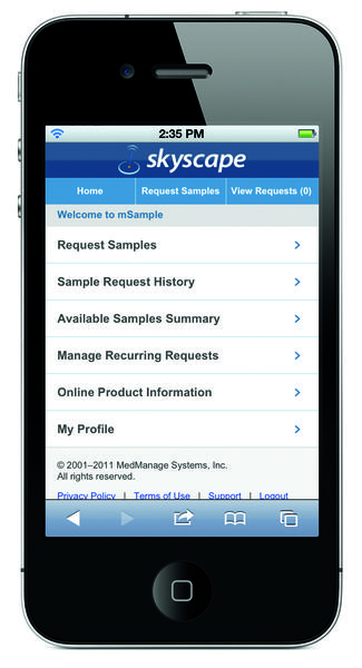 A screenshot of a mobile phone screen displaying the Skyscape app. The app is open and the user is in the process of creating a new request. The screen is divided into two sections. The top section is titled "Request Samples" and has a blue header with the time "2:35 PM" at the top. Below the header there is a section titled "Welcome to sample" with a list of requests and their corresponding details. The bottom section of the screen has a section labeled "Available Request History" with options such as "Manage Recurring Requests" "Online Product Information" and "My Profile". There are also options for "Privacy Policy" "Terms of Use" "Support" "lookout" and more. The phone has a black home button at the bottom.