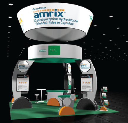 A trade show booth with a green and white color scheme. The booth has a large white circular banner at the top with the text "Once-Daily Amrix (Cyclobenzapine Hydrochloride Extended-Release Capsules)" written in orange and green. Below the banner there is a smaller banner with the company's logo and contact information. The booth is set up on a green carpeted floor with orange accents. There are two large screens on either side of the booth displaying information about the product. There is also a small table and chairs in front of the screens. In the background there are rows of lights on the ceiling creating a bright and modern atmosphere. The overall design of the exhibition stand is modern and professional.