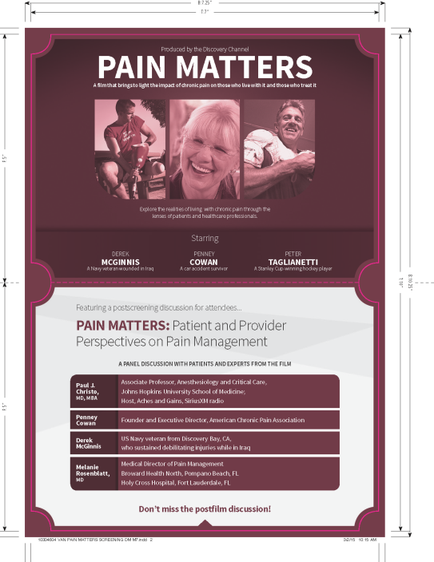 A poster for a presentation titled "Pain Matters: Patient and Provider Perspectives on Pain Management". The poster has a maroon background with white text. The title of the presentation is written in large bold letters at the top of the poster. Below the title there are three images of three people - a man and a woman - smiling and posing for the camera. The man is wearing a red shirt and the woman is wearing an orange shirt. The first image on the top left is of a man sitting on a chair with a smile on his face. The second image is of an older woman with blonde hair and a big smile. The third image is from the top right corner of the page. Below the images there is a list of questions and answers related to the presentation. The questions are written in white text and are arranged in a grid-like format. The answers are: - Don't miss the post-film discussion! At the bottom of the image there has a space for the presenter's name and contact information.