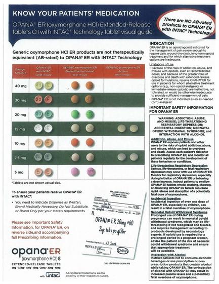 An advertisement for Opana ER (Oxycodone HCI) extended-release tablets. The advertisement is divided into two sections. The top section is titled "Know Your Patients' Medication" and has a blue background with white text. Below the title there is a table with three columns. The first column lists the different types of tablets each with a different color - green orange pink and white. The second column shows the number of tablets in each column. The table also includes information about the tablets such as their size dosage and safety information. There is also a note at the bottom of the advertisement that reads "Important Safety Information." At the top of the page there are two bullet points that explain the benefits of using the tablets. On the right side of the image there has a red circle with the text "There are NO AB-rated products with Opana-ER extended-Release tablets with into technology visual guide".