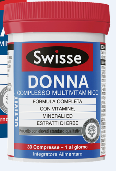 Of a jar of Swiss Donna Complex Multivitaminico. The jar is white with a red lid and has a label on it. The label has the brand name "swiss" written in bold black letters at the top followed by the product name "Donna" in smaller black letters. Below that there is a description of the product which states that it is a complete multivitamin with vitamin mineral and ere. The product is 30 compressed - 1 al giorno integrators alimentary. The background of the label is blue and there is an image of a tree on the right side of the jar.