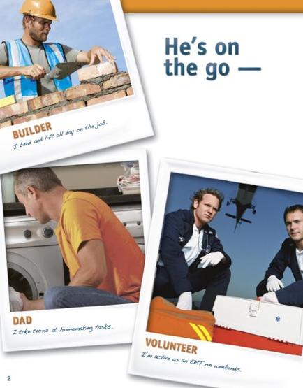 A collage of three photographs. The first photograph on the top left shows a construction worker wearing a hard hat and safety vest holding a brick wall and working on it. The second photograph in the middle shows a man working on a washing machine. The third photograph is of a man in an orange t-shirt and blue jeans with the text "Builder" above him. The text below the photographs reads "Dad" and "Volunteer" respectively. The background of the image is white and there is a blue banner at the top that reads "He's on the go".