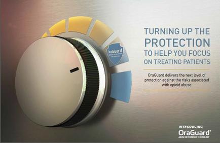 An advertisement for outguard a company that delivers the next level of protection against the risks associated with opioid abuse. The image shows a round silver-colored device with a black handle on the top. The device is mounted on a gray wall and has a circular shape with a small hole in the center. Around the device there are four yellow and blue circles representing the different levels of protection. The text on the image reads "Turning up the protection to help you focus on treating patients" and "outguard delivers the best level of safety against the risk associated with opioid abuse."