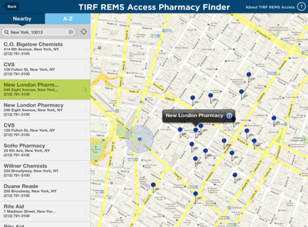This is a screen cap from the TIRF REMS Access Pharmacy Finder showing the results from a Nearby search for New York 10013. The New London Pharmacy located at 246 Eighth Avenue is highlighted. 6 other pharmacies are visible in the results set table and about 20 pharmacies are pinned on the results set map. 