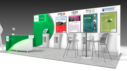 A trade show booth with a green and white color scheme. The booth has a large banner on the left side with the brand name "Granix" written in bold white letters. On the right side of the booth there are three large screens displaying information about the company's products and services. In front of the screens there is a white counter with a small plant on top. There are two white bar stools in front of it. The floor is covered with a gray carpet. The background is a plain white wall.