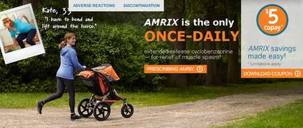 A young woman pushing a stroller on a dirt path in a park. She is wearing a blue jacket and black leggings and is pushing the stroller with both hands. The stroller is orange and black in color and has a large canopy. The woman is smiling and appears to be enjoying the ride. On the left side of the image there is a photo of a woman in a blue shirt and black pants with the text "Kate 33 I have to bend and lift around the house" above her head. The text on the image reads "AMRIX is the only once-daily" and on the right side there are two buttons - "5 copy" and "Download coupon". The background is a grassy area with trees and bushes.