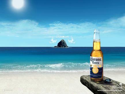 A digital illustration of a beautiful beach scene with a bottle of Corona Extra beer on a wooden bench. The bottle is placed on the edge of the bench overlooking the ocean. The ocean is a beautiful turquoise color with small waves crashing onto the shore. In the background there is a small island with a rock formation in the distance. The sky is a clear blue with a few white clouds and a full moon. The word "Discover" is written in a cursive font above the island. The overall mood of the image is peaceful and serene.