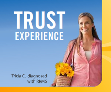 A cover of a book titled "TRUST EXPERIENCE" by Tricia C. diagnosed with RMRMS. The cover features a photo of a woman with long blonde hair wearing a pink blouse and holding a basket of yellow flowers. She is smiling and looking directly at the camera. The background is a light blue color with white text. The title of the book is written in large bold letters at the top of the cover.
