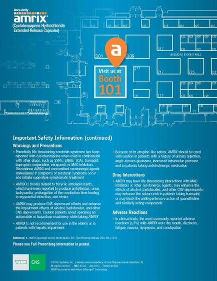 An idiographic titled "Visit us at Booth 101". It has a blue background with white text. The title of the idiographic is "Important Safety Information (Continued)". Below the title there is a list of warnings and precautions for the booth. On the left side of the image there are several bullet points that explain the importance of safety information in the booth such as "Warnings and Precautions" "Drug Interactions" and "Adverse Reactions". The bullet points are arranged in a grid-like pattern with each bullet point pointing to a different location. At the top of the page there has a logo for Amrix a company that provides information about booth 101. The logo is a white circle with a blue "a" in the center and the text is written in white. The overall design is simple and modern with a clean and professional look.
