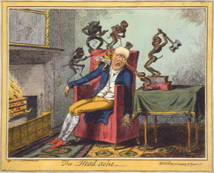 A cartoon illustration of a man sitting on a red armchair in a room with a fireplace on the left side. The man is wearing a blue suit with a white shirt and yellow trousers. He has a white beard and is holding a cane in his right hand. On the right side of the image there is a table with a green tablecloth and a stack of books on it. Above the man's head there are several monkeys hanging from the ceiling. The monkeys are holding various objects in their hands and appear to be dancing or interacting with each other. The background is a gray wall with a window and a rug on the floor. The title of the illustration is "The Head Act."
