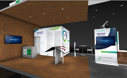A 3D rendering of a trade show booth setup. The booth is located in a large room with a wooden floor and a high ceiling with recessed lighting. On the left side of the booth there is a large screen mounted on the wall and a small white cabinet with a green logo on it. In front of the cabinet there are two white banners with blue and green designs. The banners have text and images on them and one of them has a large banner with a blue and white design. There is also a small table and chairs in the background. The overall design of the exhibition stand is modern and professional.