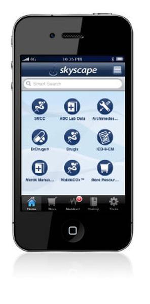 Of a black iPhone with the Skyscape app open on the screen. The app has a blue and white color scheme and the top of the screen has the ape's logo and the time "10:14 PM". Below the logo there is a search bar with the text "Smart Search". On the screen there are several icons representing different features of the app such as "ADC Lab Data" "Architecture" "Dr. drug" "drug" and "Merck Manikin". These icons are arranged in a grid-like pattern with each icon representing a different feature. At the bottom of the image there appears to be a home screen with various app icons and settings. The overall design of the phone is modern and sleek with a minimalist aesthetic.