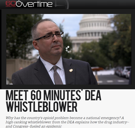 A screenshot of a news article titled "Meet 60 Minutes' dead Whistleblower". It features a man in a suit and tie standing in front of the United States Capitol building. The man appears to be in his late 40s or early 50s with short dark hair and glasses. He is looking off to the side with a serious expression on his face. The text on the image reads "Why has the country's opioid problem become a national emergency? A high-ranking whistleblower from the dead explains how the drug industry and Congress-fueled an epidemic."