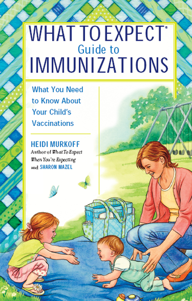 The cover of a book titled "What to Expect Guide to Immunizations: What You Need to Know About Your Child's Vaccinations" by Heidi turnoff and Sharon maze. The cover features an illustration of a mother and two young children playing on a blue blanket in a park. The mother is kneeling down and smiling while the children are playing with a toy car and a blue bag. The background is a green field with trees and a fence. The title of the book is written in white text at the top of the cover.