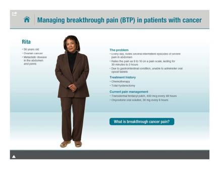 A screenshot of a presentation slide titled "Managing breakthrough pain (BTP) in patients with cancer". The slide has a blue background with white text. On the left side of the slide there is a photo of Rita a woman with shoulder-length dark hair wearing a brown blazer and smiling at the camera. She is standing in front of a white background. On the right side there are three bullet points that explain Rita's treatment history current pain management and what is breakthrough cancer pain. The first bullet point explains that Rita has 56 years old and is a cancer survivor. The second bullet point mentions that she has been diagnosed with cancer and is now diagnosed with multiple sclerosis. The third bullet point discusses the problem of the problem and how it affects her overall health and welling.