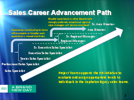 This is a pseduo-organization chart showing the job titles that pharmaceutical sales representatives at Teva may choose to progress through if they are profesionally ambitious. There are 8 positions between Sales specialist (at the entry level) and Senior area director (the top level shown) divided into 4 tiers (Sales specialist I Sales specialist I Regional managers Area directors). There is also a note that the Teva "project team supports the HR initiative to evaluate and assign appropriate levels to individuals in the Cephalon legacy sales team" (presumably arising from the purchase of Cephalon Inc. by Teva Pharmaceutical Industries in 2011).