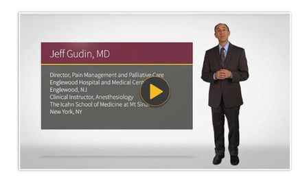 A slide from a presentation by Jeff guin MD. The slide has a maroon background with white text. On the right side of the slide there is a photo of a man in a suit and tie standing with his hands clasped in front of him. He appears to be giving a presentation. The text on the slide reads "Director Pain Management and Palliative Care eaglewood Hospital and Medical Center dogwood NJ Clinical Instructor Anesthesiology The can School of Medicine at Mt Sinai New York NY". There is also a yellow play button on the bottom right corner.