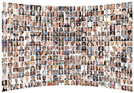 A large collage of multiple photographs arranged in a grid-like pattern. The photographs are of different people of different ages genders and ethnicity's. They are all facing the same direction and appear to be of different ethnicity's including men women and children. The background of the photographs is black and the photographs are arranged in two rows and three columns. The image appears to be taken from a top-down perspective looking down on the photographs.