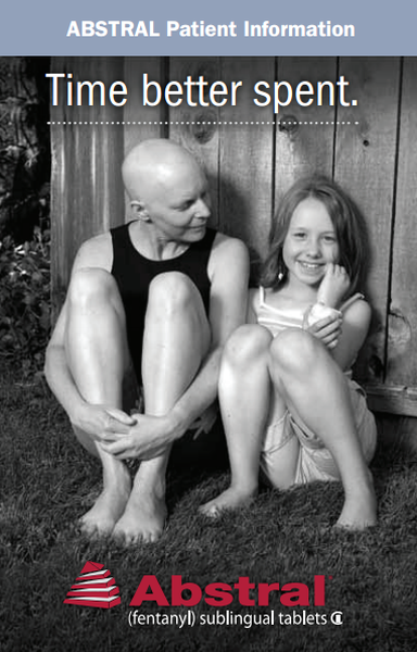 A black and white photograph of a man and a young girl sitting on the grass in front of a wooden fence. The man is bald and wearing a tank top while the girl is smiling and looking at him. They appear to be happy and relaxed. The image is accompanied by text that reads "astral Patient Information: Time better spent. (fentanyl) sublingual tablets G."