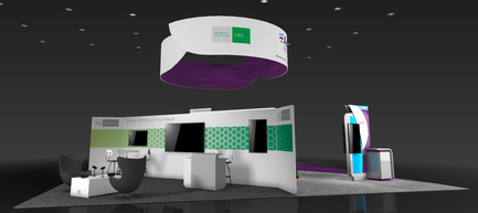 A 3D rendering of a trade show booth. The booth is white with a green and purple geometric pattern on the walls. On the left side of the booth there is a desk with a computer monitor and a chair. Next to the desk there are two black armchairs. In the center of the image the booth has a large white circular sign with a purple and green logo on it. Above the sign it appears to be hanging from the ceiling. The background is black and there are small white dots scattered throughout the image. On the right side of this booth it has a tall modern design with a blue and purple color scheme. There is also a large screen on the wall that displays information about the booth's features.