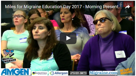 A screenshot from a video titled "Miles for Migraine Education Day 2017 - Morning Present". It shows a group of people sitting in a room with a blue background. The people in the image appear to be of different ages and genders and they are all looking towards the camera with serious expressions on their faces. The title of the video is written in white text at the top of the image and there is a logo for amen supers allergen usher-Smith and Migraine.com at the bottom.