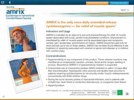 A screenshot of a webpage from the Amrix website. The webpage is titled "Amrix is the only once-daily extended-release cyclobenzapine for relief of muscle spasm". The page has a blue header with the company's logo and contact information at the top. Below the header there is a description of the product which states that it is an AMRIX (Cyclobenzaphine Hydrochloride Extended-Release Capsules) supplement. On the left side of the page there are two images - one of a man wearing a blue shirt and an orange cap and the other of a woman wearing an orange shirt. The man is holding his head in his hands and appears to be in pain or discomfort. The woman is looking at the man with a concerned expression on her face. The text on the page explains that the product is an anti-inflammatory supplement that helps to reduce muscle spasms and improve muscle strength. It also mentions that it can help to reduce the risk of muscle pain and improve the overall health of the body.