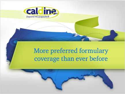 A graphic design with a blue and green color scheme. The background is white and there is a map of the United States in the center. On the right side of the image there is text that reads "More preferred formulary coverage than ever before" in bold black font. The text is centered on the image and is surrounded by a green ribbon. The logo of the company "calcine" is also visible in the top left corner.
