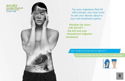 A black and white photograph of a young woman with her hands on her head looking distressed. She appears to be in pain or discomfort. The background is plain white and there is text on the right side of the image that reads "For your migraines that hit with nausea you may want to ask your doctor about a non-oral treatment option. Weather the storm with security - the first and only transdermal migraine treatment." On the left side there is a logo for the company "security" and a brief description of the company's services. At the bottom right corner there are two icons - one of a person's arm and the other of a leg.