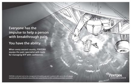 A black and white illustration of a person in a space station. The person is holding a small object in their hand and appears to be in the process of breaking through the ceiling of the space station which is visible in the background. The text on the image reads "Everyone has the impulse to help a person with breakthrough pain. You have the ability. When every second counts mentor equips the pain specialist with tools for managing BTP with confidence." The text is written in a bold sans-serif font and is centered in the image.
