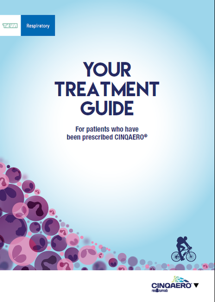 A cover page of a treatment guide for patients who have been prescribed CINQAERO®. The background is light blue and the title of the guide is written in black text at the top. Below the title there is a subtitle that reads "Your Treatment Guide" in a larger font size. On the left side of the page there are small pink and purple circles scattered across the page. At the bottom right corner there has a small illustration of a person riding a bicycle. The overall design is simple and minimalist.
