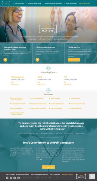 A screenshot of the homepage of a website called "Pain Matters". The website has a blue and white color scheme with a modern and professional design. At the top of the page there is a header with the company's logo and contact information. Below the header there are three sections. The first section has a photo of a woman with blonde hair and glasses wearing a stethoscope around her neck. She is smiling and looking at the camera. The second section has an image of a man and a woman talking to each other. The third section has text that reads "Upcoming Events" and "Resources". Below the photo there has a section titled "tea understands the risk of opioid abuse is a social challenge and one of many healthcare professionals face in treating people living with chronic pain." The fourth section has links to various resources such as "Resources" "Resources" and more. The website also has a navigation bar at the bottom with links to different sections of the website.