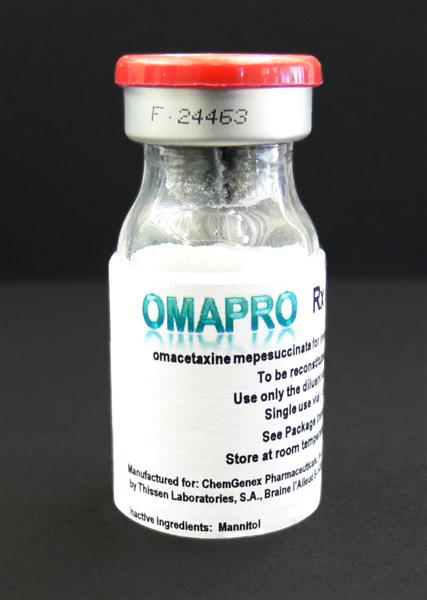 A photograph of a small glass vial with a red lid. The vial is labeled "OMAPRO RX" and has a label that reads "Manufactured for: ChemGenex Pharmacy by hisses Laboratories S.A. brainpans mannikin". The label also mentions that the vial contains Omacetaxine mepesuccinate which is a medication used to treat inflammation and pain. The bottle is made of clear glass and is sitting on a black surface.