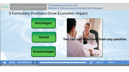 A screenshot of a webpage from the US Healthcare System 101 Module 3: Pharmaceutical Delivery and Payment. The webpage is titled "3 formula Positions Drive Economic Impact". On the left side of the page there is a title that reads "Advantaged". Below the title there are three options - "Neutral" "Disadvantaged" and "You can sell effectively from any position." The first option is "Advantage" which is a green button with the word "neutral" written on it. The second option is a yellow button with a white background. The third option is an image of a man and a woman sitting at a desk engaged in a conversation. The woman is smiling and the man is looking at her attentively. At the bottom of the webpage there has a menu bar with various options such as "Menu" "References" "Back" "Next" and a button to "Next".