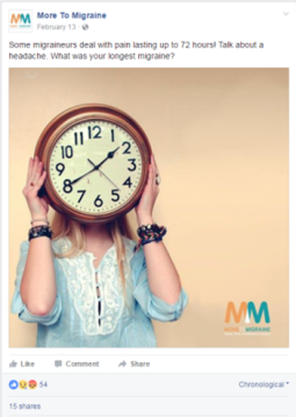 A woman holding a large clock over her head with both hands. The clock is round and has a white face with black numbers and hands. She is wearing a blue blouse and has multiple bracelets on her wrists. The background is a plain beige color. The text on the image reads "More To Migraine - February 13 - Some migraines deal with pain lasting up to 72 hours! Talk about a headache. What was your longest migraine?"